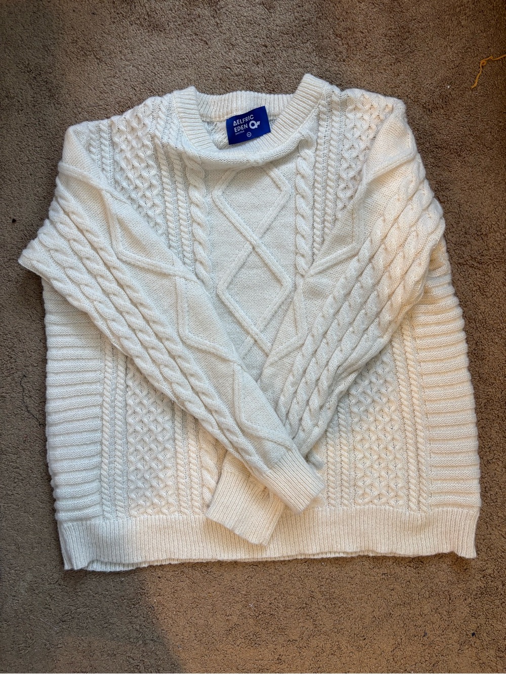 Aelfric Eden Self White Cable Knit Crewneck Sweater - Men